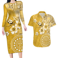 Cook Islands Couples Matching Long Sleeve Bodycon Dress and Hawaiian Shirt Yellow Hibiscus And Stars LT05 Yellow - Polynesian Pride