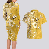 Cook Islands Couples Matching Long Sleeve Bodycon Dress and Hawaiian Shirt Yellow Hibiscus And Stars LT05 - Polynesian Pride