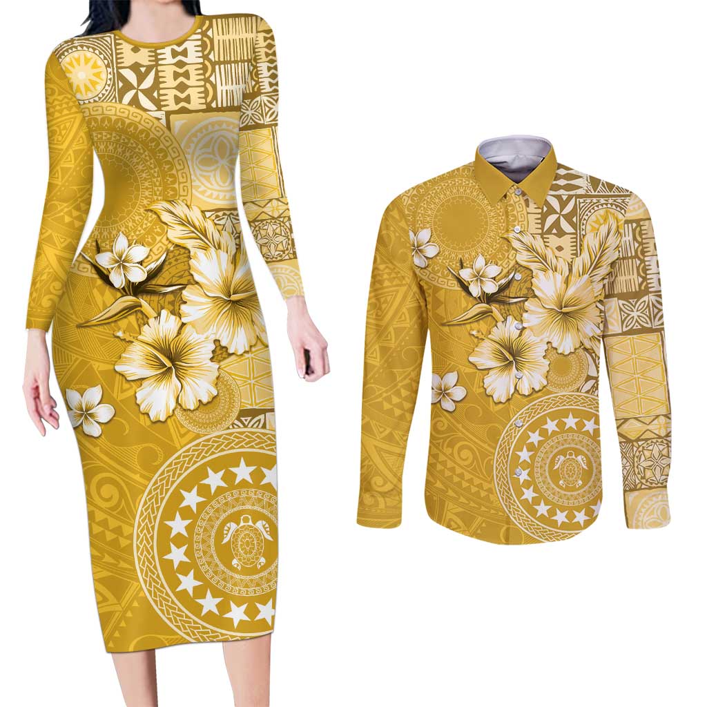 Cook Islands Couples Matching Long Sleeve Bodycon Dress and Long Sleeve Button Shirt Yellow Hibiscus And Stars LT05 Yellow - Polynesian Pride