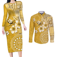 Cook Islands Couples Matching Long Sleeve Bodycon Dress and Long Sleeve Button Shirt Yellow Hibiscus And Stars LT05 Yellow - Polynesian Pride