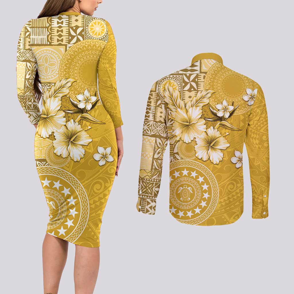 Cook Islands Couples Matching Long Sleeve Bodycon Dress and Long Sleeve Button Shirt Yellow Hibiscus And Stars LT05 - Polynesian Pride