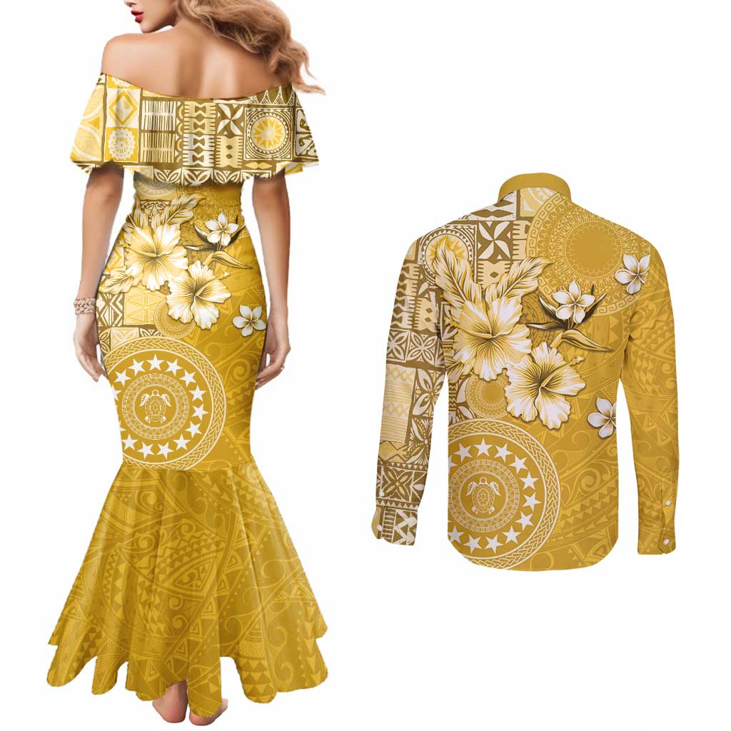 Cook Islands Couples Matching Mermaid Dress and Long Sleeve Button Shirt Yellow Hibiscus And Stars LT05 - Polynesian Pride