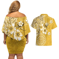 Cook Islands Couples Matching Off Shoulder Short Dress and Hawaiian Shirt Yellow Hibiscus And Stars LT05 - Polynesian Pride