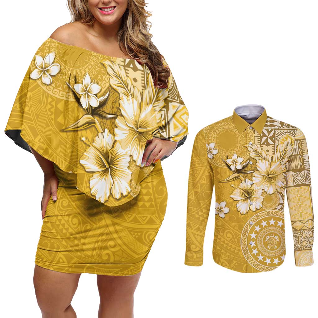 Cook Islands Couples Matching Off Shoulder Short Dress and Long Sleeve Button Shirt Yellow Hibiscus And Stars LT05 Yellow - Polynesian Pride
