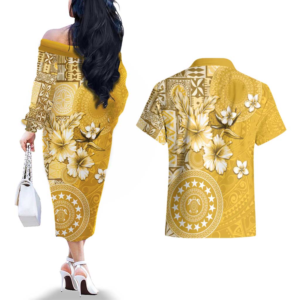 Cook Islands Couples Matching Off The Shoulder Long Sleeve Dress and Hawaiian Shirt Yellow Hibiscus And Stars LT05 - Polynesian Pride