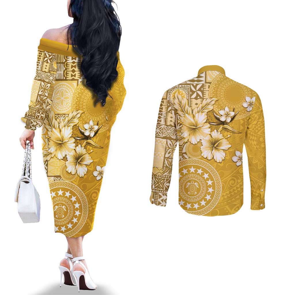 Cook Islands Couples Matching Off The Shoulder Long Sleeve Dress and Long Sleeve Button Shirt Yellow Hibiscus And Stars LT05 - Polynesian Pride