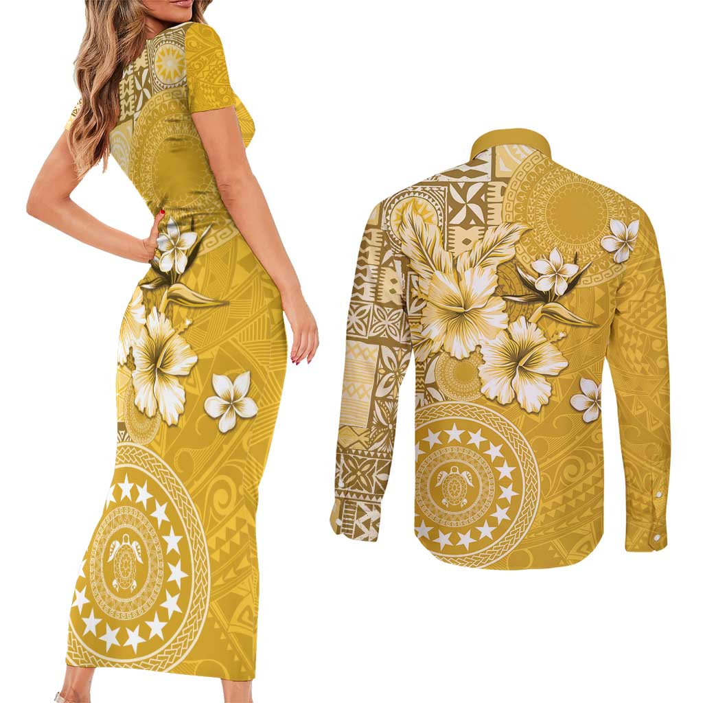 Cook Islands Couples Matching Short Sleeve Bodycon Dress and Long Sleeve Button Shirt Yellow Hibiscus And Stars LT05 - Polynesian Pride