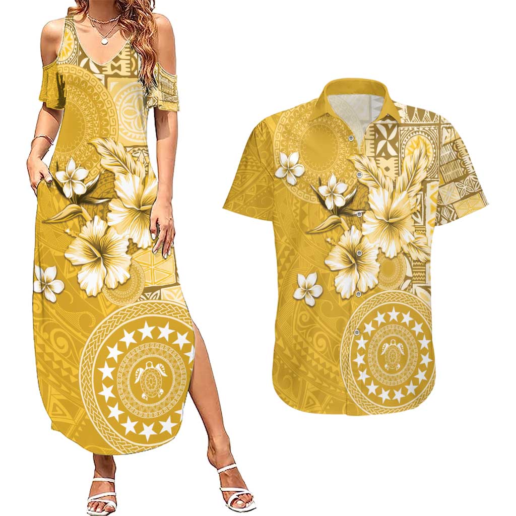 Cook Islands Couples Matching Summer Maxi Dress and Hawaiian Shirt Yellow Hibiscus And Stars LT05 Yellow - Polynesian Pride