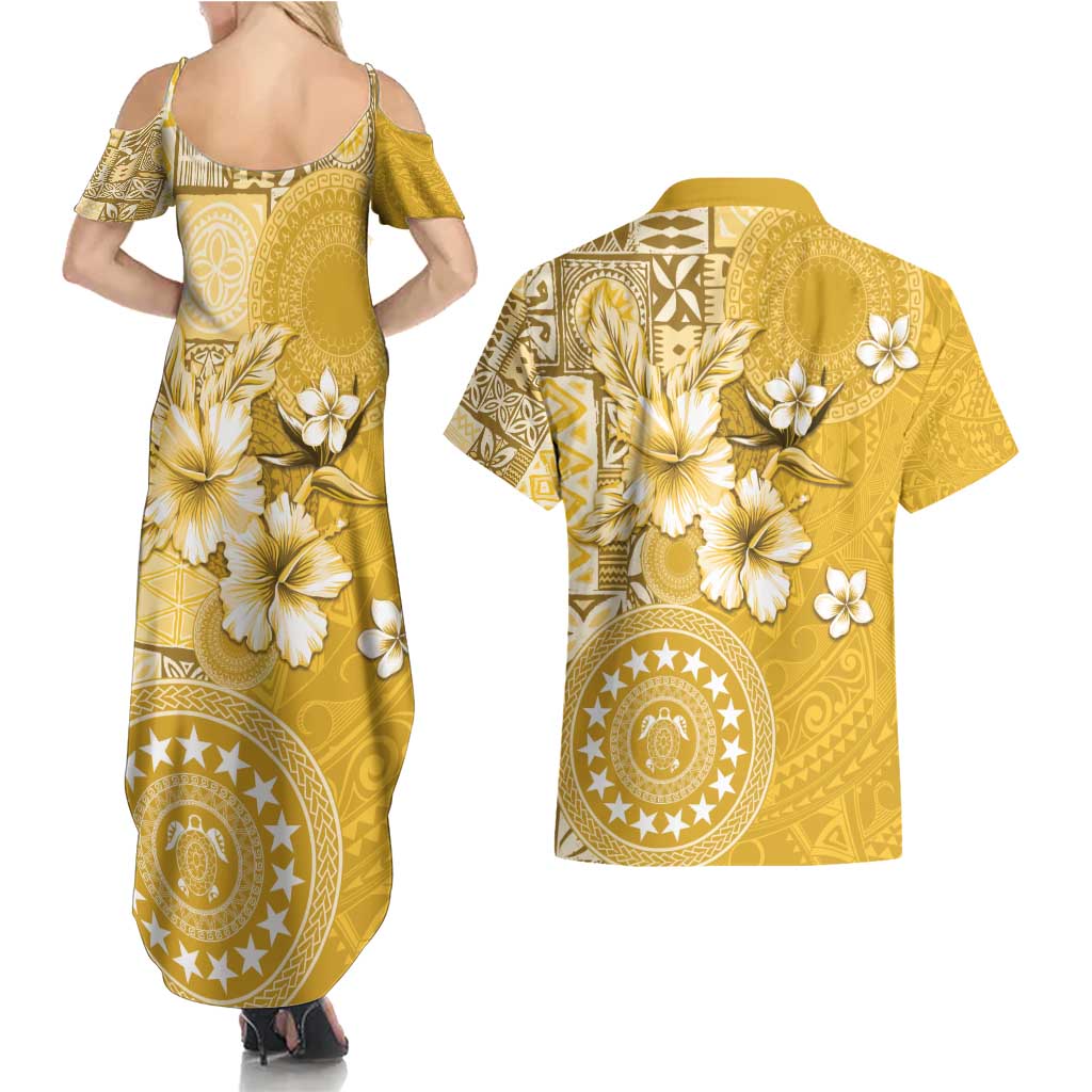 Cook Islands Couples Matching Summer Maxi Dress and Hawaiian Shirt Yellow Hibiscus And Stars LT05 - Polynesian Pride