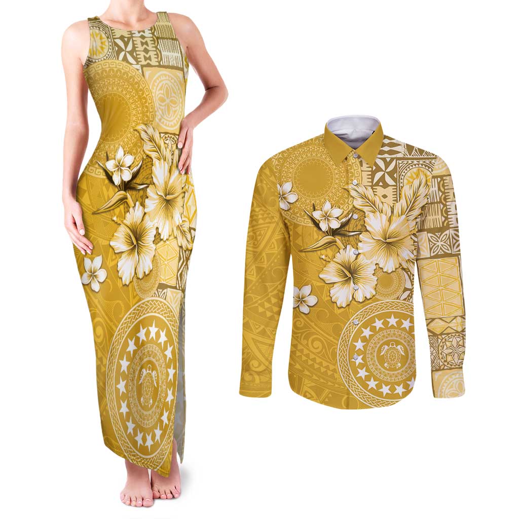 Cook Islands Couples Matching Tank Maxi Dress and Long Sleeve Button Shirt Yellow Hibiscus And Stars LT05 Yellow - Polynesian Pride