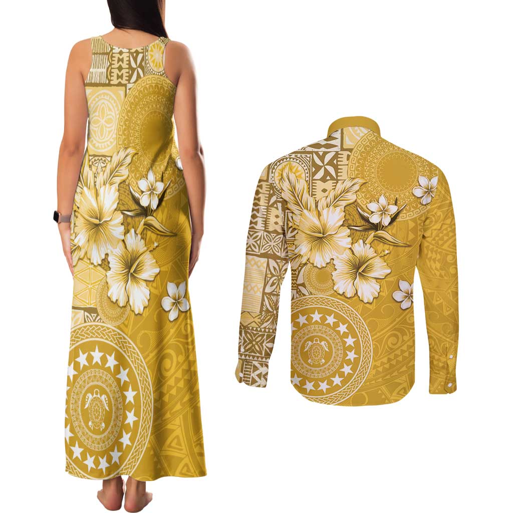 Cook Islands Couples Matching Tank Maxi Dress and Long Sleeve Button Shirt Yellow Hibiscus And Stars LT05 - Polynesian Pride