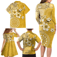 Cook Islands Family Matching Long Sleeve Bodycon Dress and Hawaiian Shirt Yellow Hibiscus And Stars LT05 - Polynesian Pride