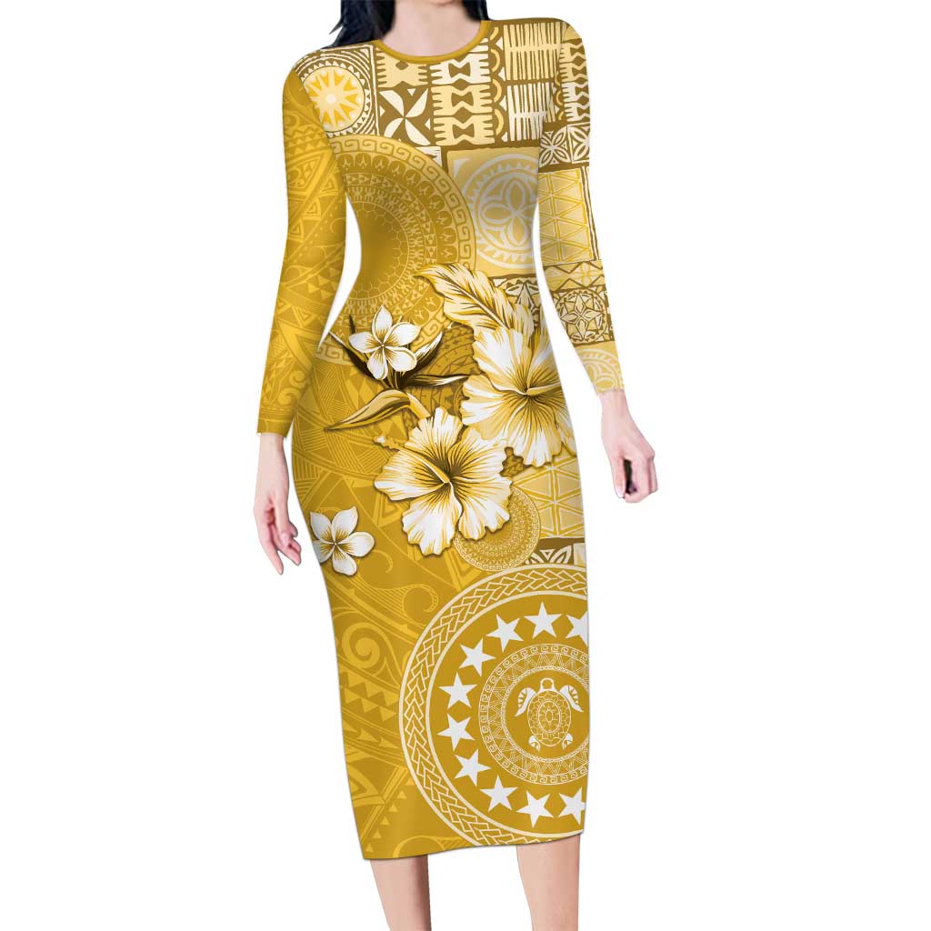 Cook Islands Family Matching Long Sleeve Bodycon Dress and Hawaiian Shirt Yellow Hibiscus And Stars LT05 Mom's Dress Yellow - Polynesian Pride