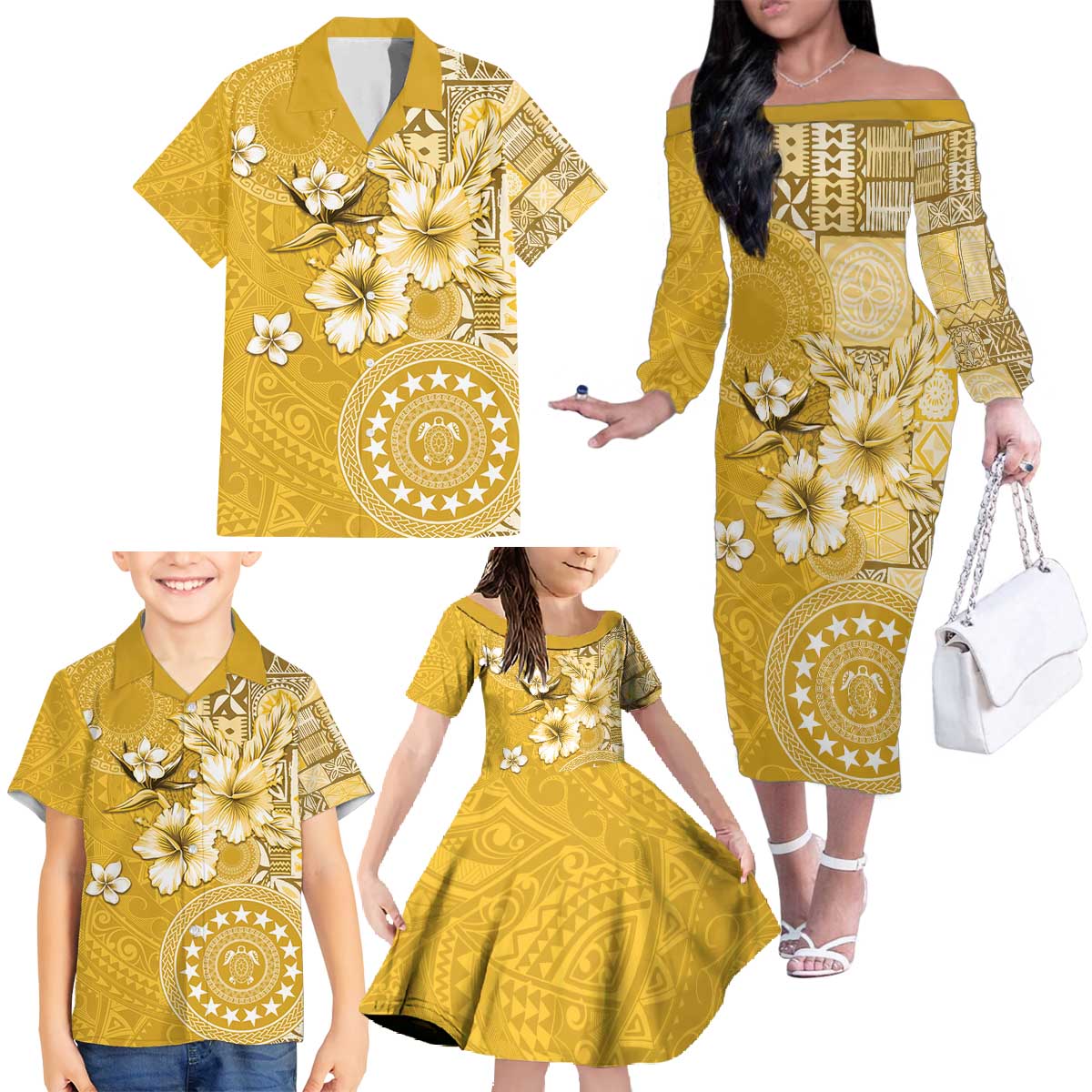 Cook Islands Family Matching Off The Shoulder Long Sleeve Dress and Hawaiian Shirt Yellow Hibiscus And Stars LT05 - Polynesian Pride