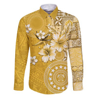 Cook Islands Family Matching Off Shoulder Maxi Dress and Hawaiian Shirt Yellow Hibiscus And Stars LT05 Dad's Shirt - Long Sleeve Yellow - Polynesian Pride