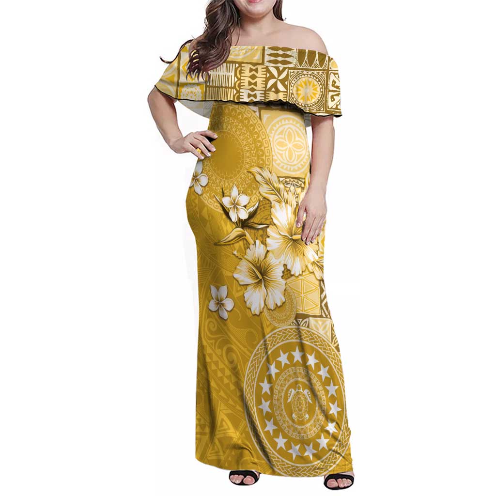 Cook Islands Family Matching Off Shoulder Maxi Dress and Hawaiian Shirt Yellow Hibiscus And Stars LT05 Mom's Dress Yellow - Polynesian Pride