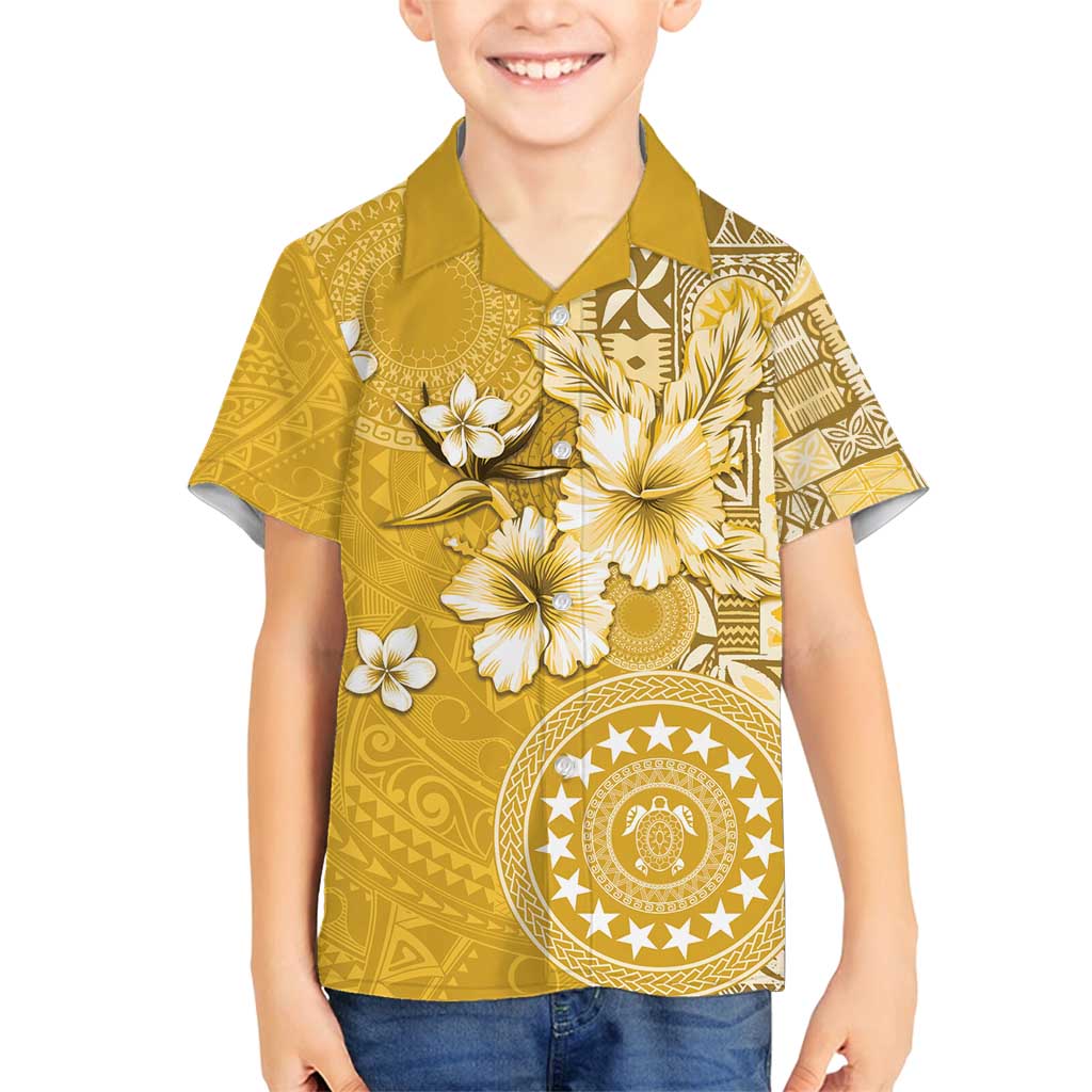 Cook Islands Family Matching Off Shoulder Short Dress and Hawaiian Shirt Yellow Hibiscus And Stars LT05 Son's Shirt Yellow - Polynesian Pride