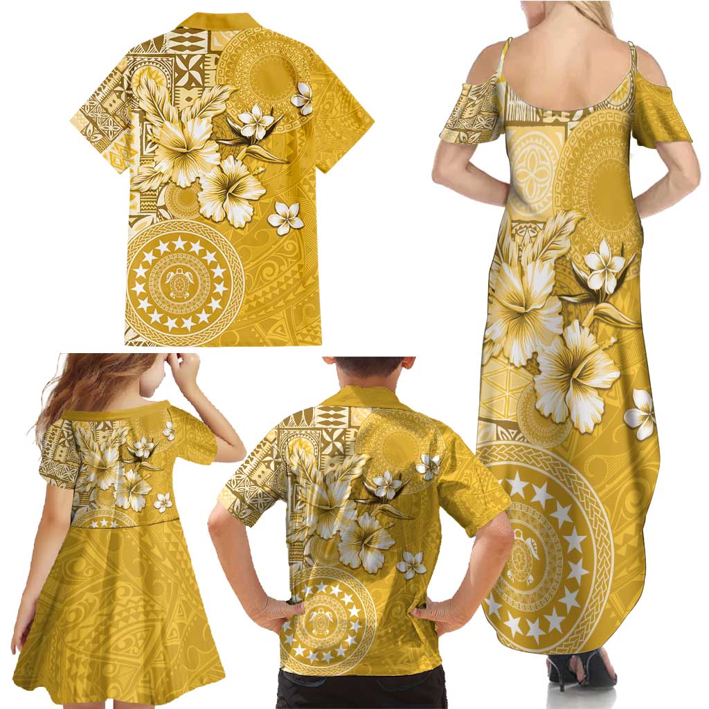 Cook Islands Family Matching Summer Maxi Dress and Hawaiian Shirt Yellow Hibiscus And Stars LT05 - Polynesian Pride