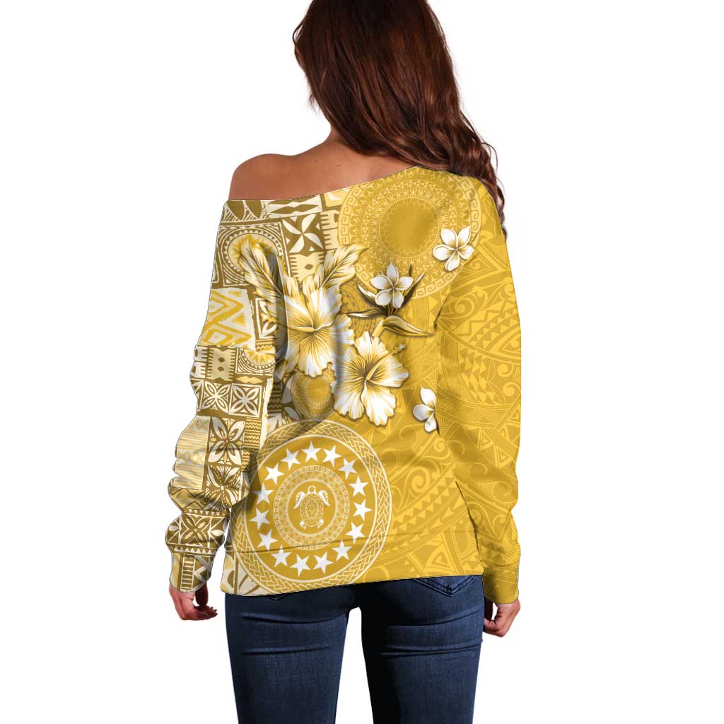 Cook Islands Off Shoulder Sweater Yellow Hibiscus And Stars LT05 - Polynesian Pride