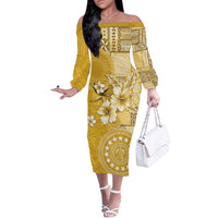Cook Islands Off The Shoulder Long Sleeve Dress Yellow Hibiscus And Stars
