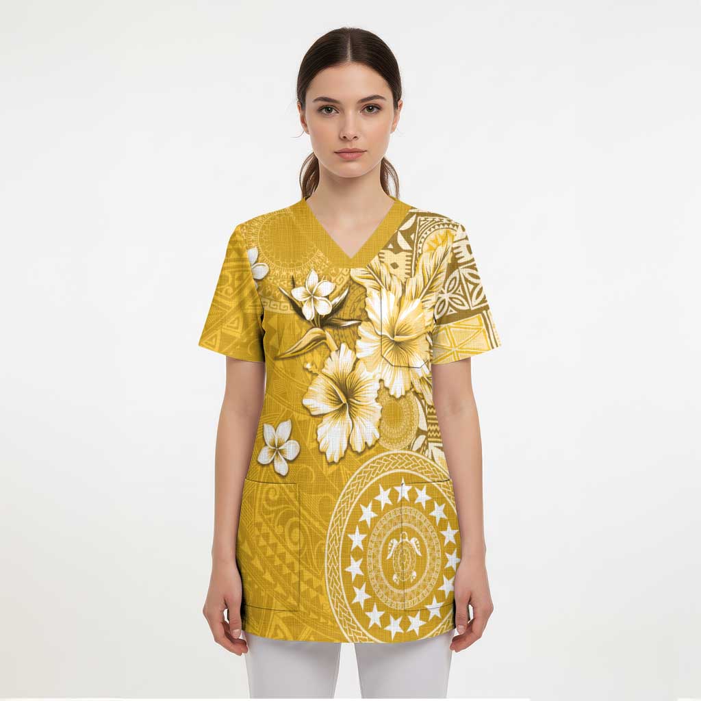 Cook Islands Scrub Top Yellow Hibiscus And Stars - Polynesian Pride