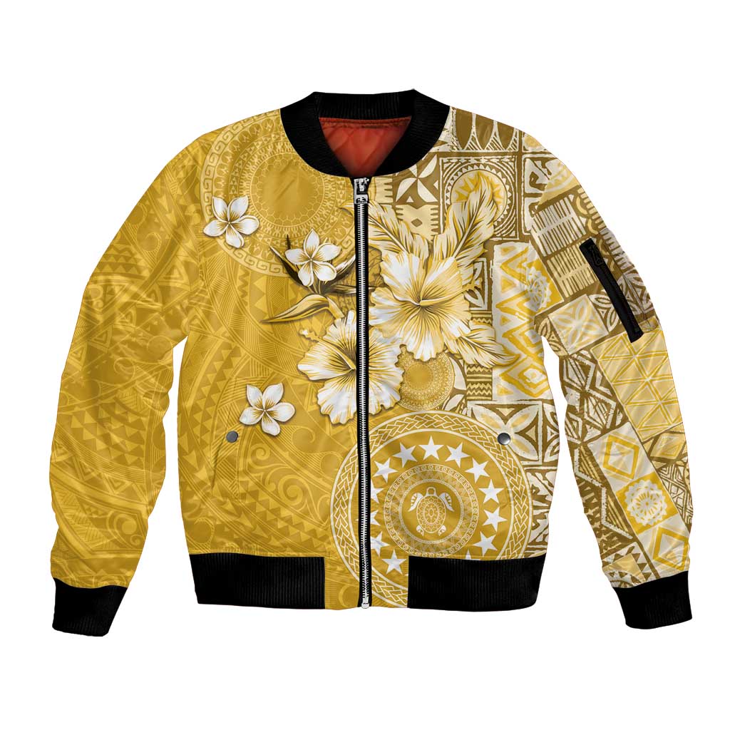 Cook Islands Sleeve Zip Bomber Jacket Yellow Hibiscus And Stars LT05 Unisex Yellow - Polynesian Pride