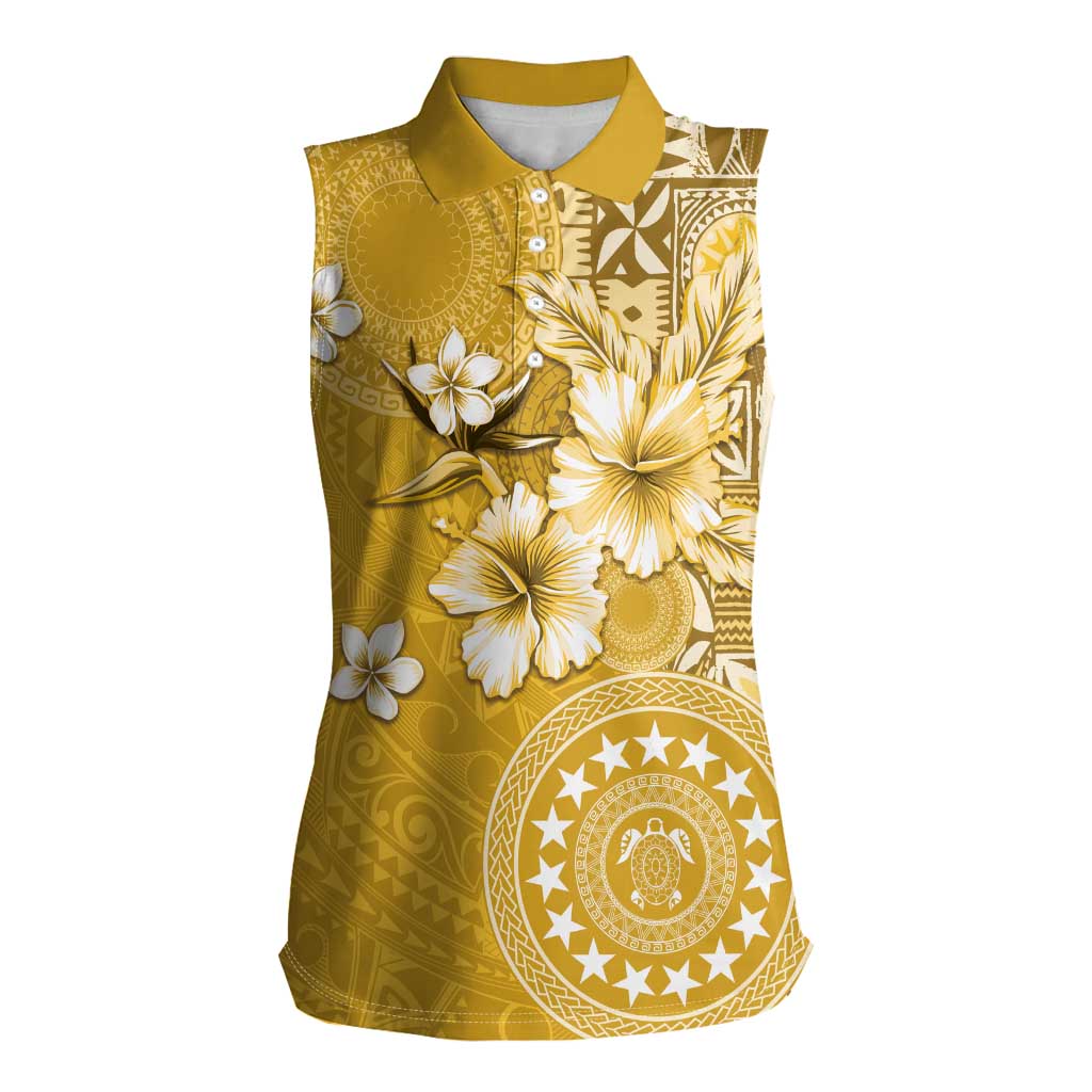 Cook Islands Women Sleeveless Polo Shirt Yellow Hibiscus And Stars LT05 Female Yellow - Polynesian Pride