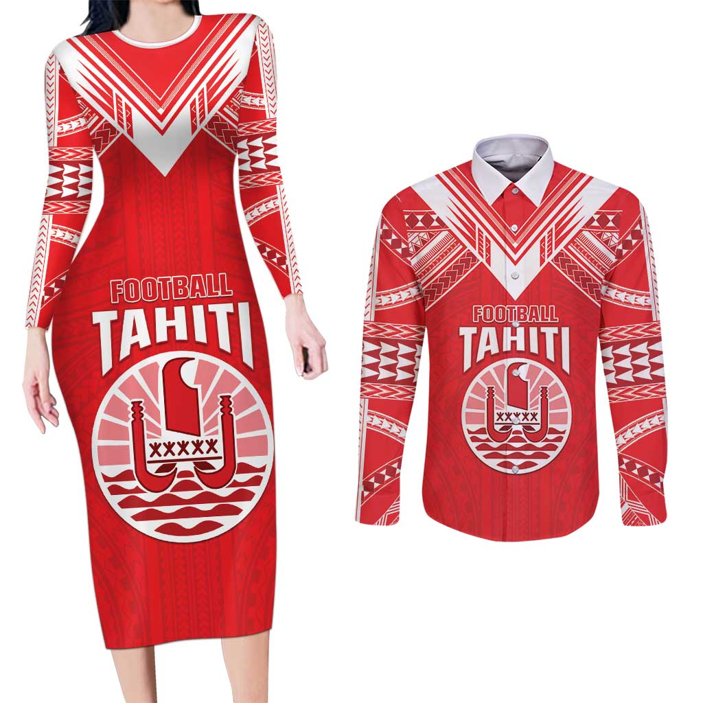 Custom Tahiti Football Couples Matching Long Sleeve Bodycon Dress and Long Sleeve Button Shirt Coat Of Arms Polynesian Tribal Pattern LT05 Red - Polynesian Pride