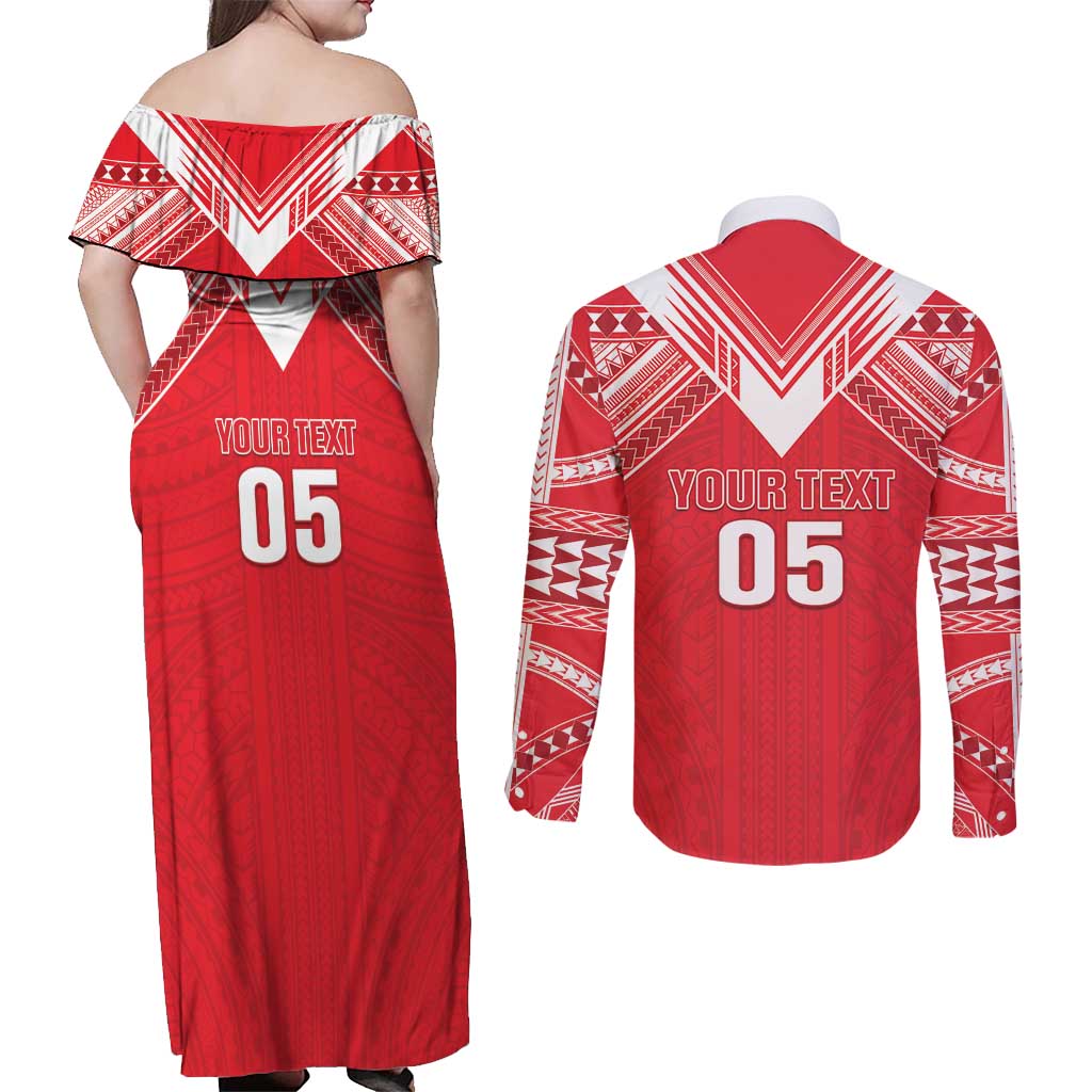 Custom Tahiti Football Couples Matching Off Shoulder Maxi Dress and Long Sleeve Button Shirt Coat Of Arms Polynesian Tribal Pattern LT05 - Polynesian Pride