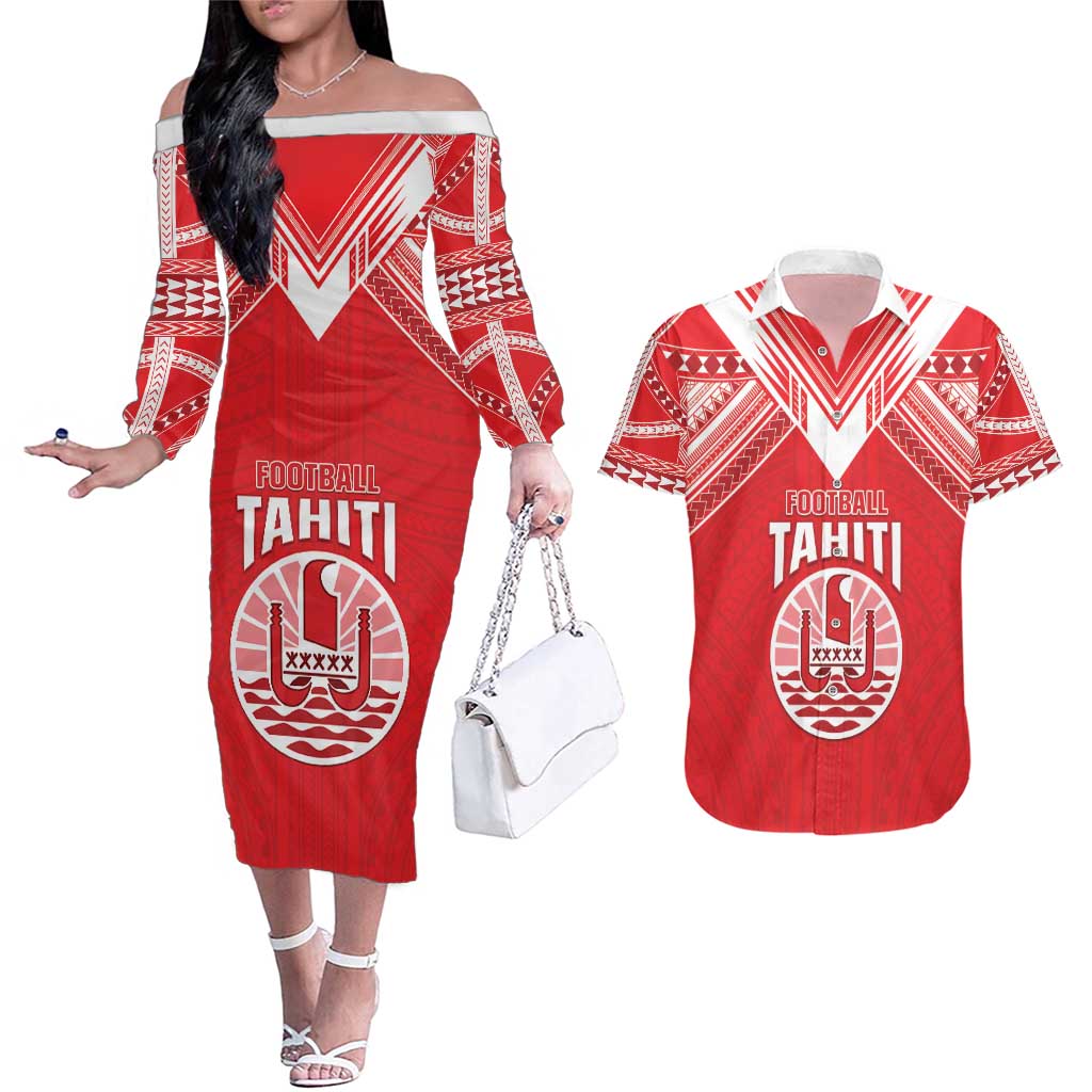 Custom Tahiti Football Couples Matching Off The Shoulder Long Sleeve Dress and Hawaiian Shirt Coat Of Arms Polynesian Tribal Pattern LT05 Red - Polynesian Pride