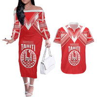 Custom Tahiti Football Couples Matching Off The Shoulder Long Sleeve Dress and Hawaiian Shirt Coat Of Arms Polynesian Tribal Pattern LT05 Red - Polynesian Pride