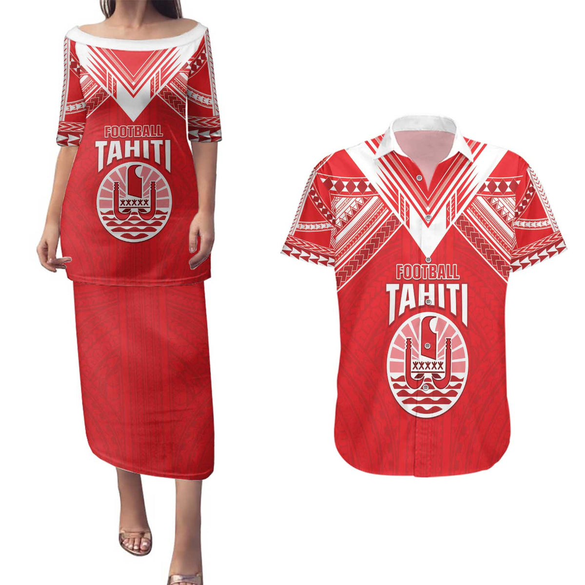 Custom Tahiti Football Couples Matching Puletasi and Hawaiian Shirt Coat Of Arms Polynesian Tribal Pattern LT05 Red - Polynesian Pride