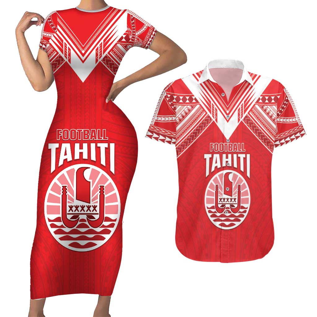 Custom Tahiti Football Couples Matching Short Sleeve Bodycon Dress and Hawaiian Shirt Coat Of Arms Polynesian Tribal Pattern LT05 Red - Polynesian Pride