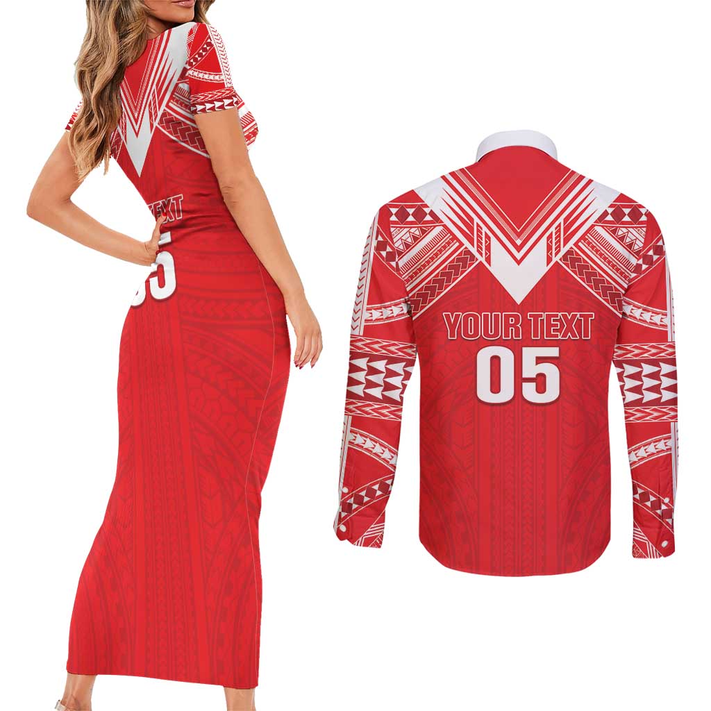 Custom Tahiti Football Couples Matching Short Sleeve Bodycon Dress and Long Sleeve Button Shirt Coat Of Arms Polynesian Tribal Pattern LT05 - Polynesian Pride