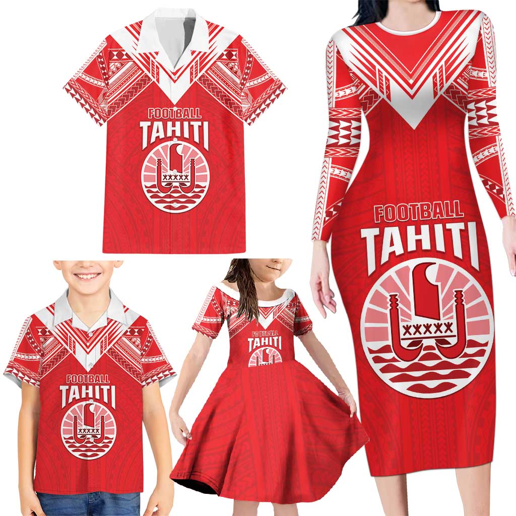 Custom Tahiti Football Family Matching Long Sleeve Bodycon Dress and Hawaiian Shirt Coat Of Arms Polynesian Tribal Pattern LT05 - Polynesian Pride