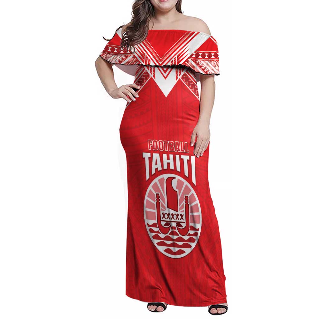 Custom Tahiti Football Family Matching Off Shoulder Maxi Dress and Hawaiian Shirt Coat Of Arms Polynesian Tribal Pattern LT05 Mom's Dress Red - Polynesian Pride