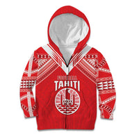 Custom Tahiti Football Kid Hoodie Coat Of Arms Polynesian Tribal Pattern LT05 Zip Hoodie Red - Polynesian Pride