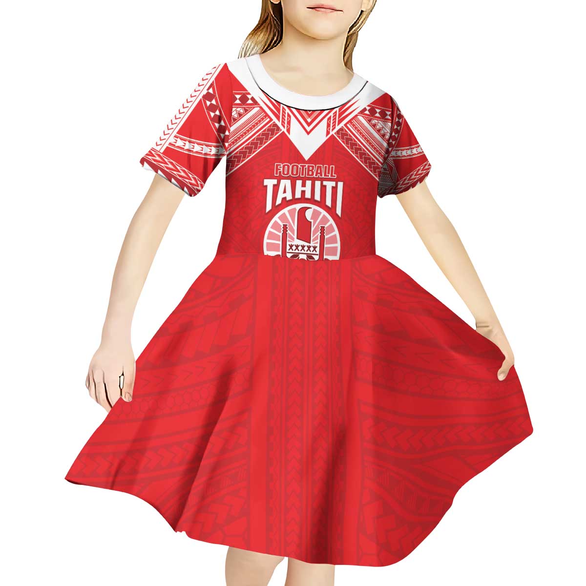 Custom Tahiti Football Kid Short Sleeve Dress Coat Of Arms Polynesian Tribal Pattern LT05 - Polynesian Pride