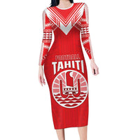 Custom Tahiti Football Long Sleeve Bodycon Dress Coat Of Arms Polynesian Tribal Pattern LT05 Long Dress Red - Polynesian Pride