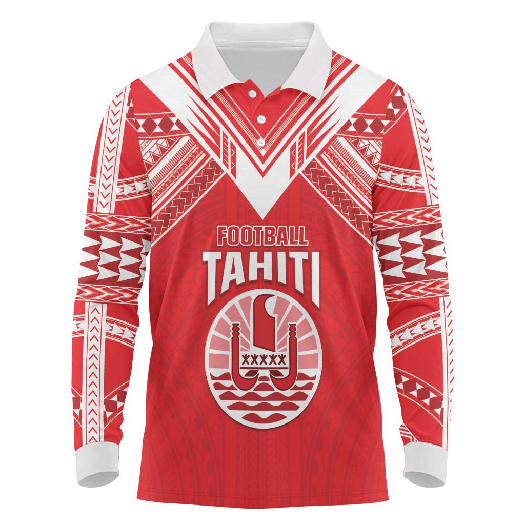 Custom Tahiti Football Long Sleeve Polo Shirt Coat Of Arms Polynesian Tribal Pattern LT05 Red - Polynesian Pride