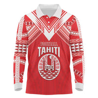 Custom Tahiti Football Long Sleeve Polo Shirt Coat Of Arms Polynesian Tribal Pattern LT05 Red - Polynesian Pride