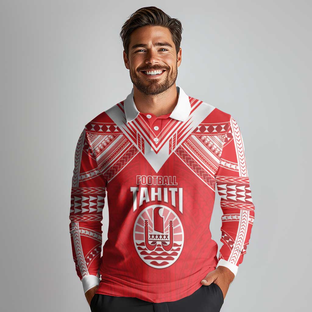 Custom Tahiti Football Long Sleeve Polo Shirt Coat Of Arms Polynesian Tribal Pattern LT05 - Polynesian Pride