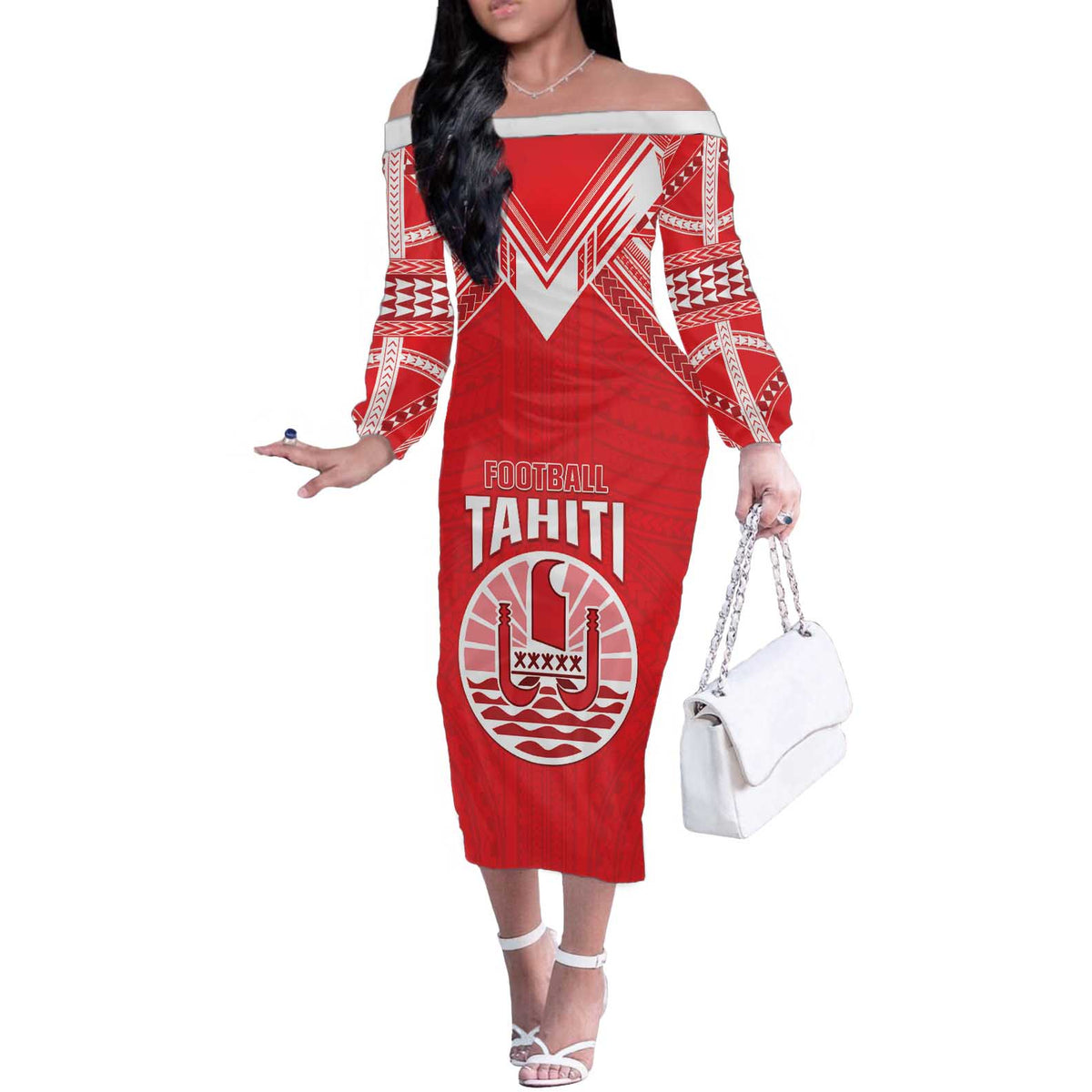 Custom Tahiti Football Off The Shoulder Long Sleeve Dress Coat Of Arms Polynesian Tribal Pattern LT05 Women Red - Polynesian Pride