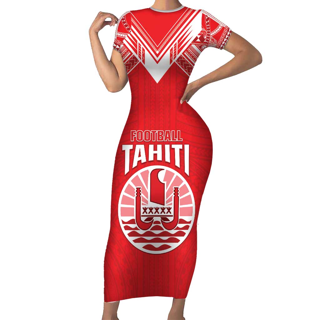 Custom Tahiti Football Short Sleeve Bodycon Dress Coat Of Arms Polynesian Tribal Pattern LT05 Long Dress Red - Polynesian Pride