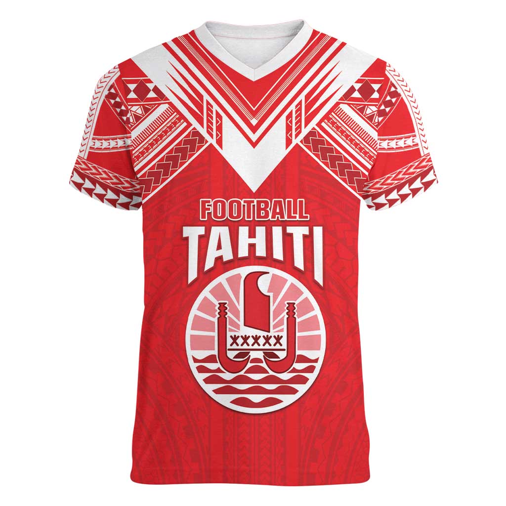 Custom Tahiti Football Women V-Neck T-Shirt Coat Of Arms Polynesian Tribal Pattern LT05 Female Red - Polynesian Pride