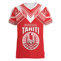 Custom Tahiti Football Women V-Neck T-Shirt Coat Of Arms Polynesian Tribal Pattern LT05 Female Red - Polynesian Pride