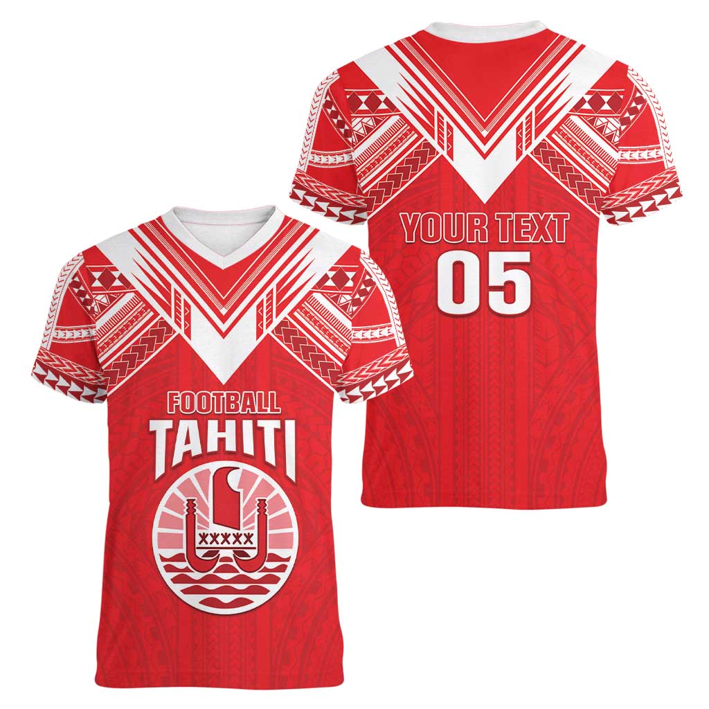 Custom Tahiti Football Women V-Neck T-Shirt Coat Of Arms Polynesian Tribal Pattern LT05 - Polynesian Pride