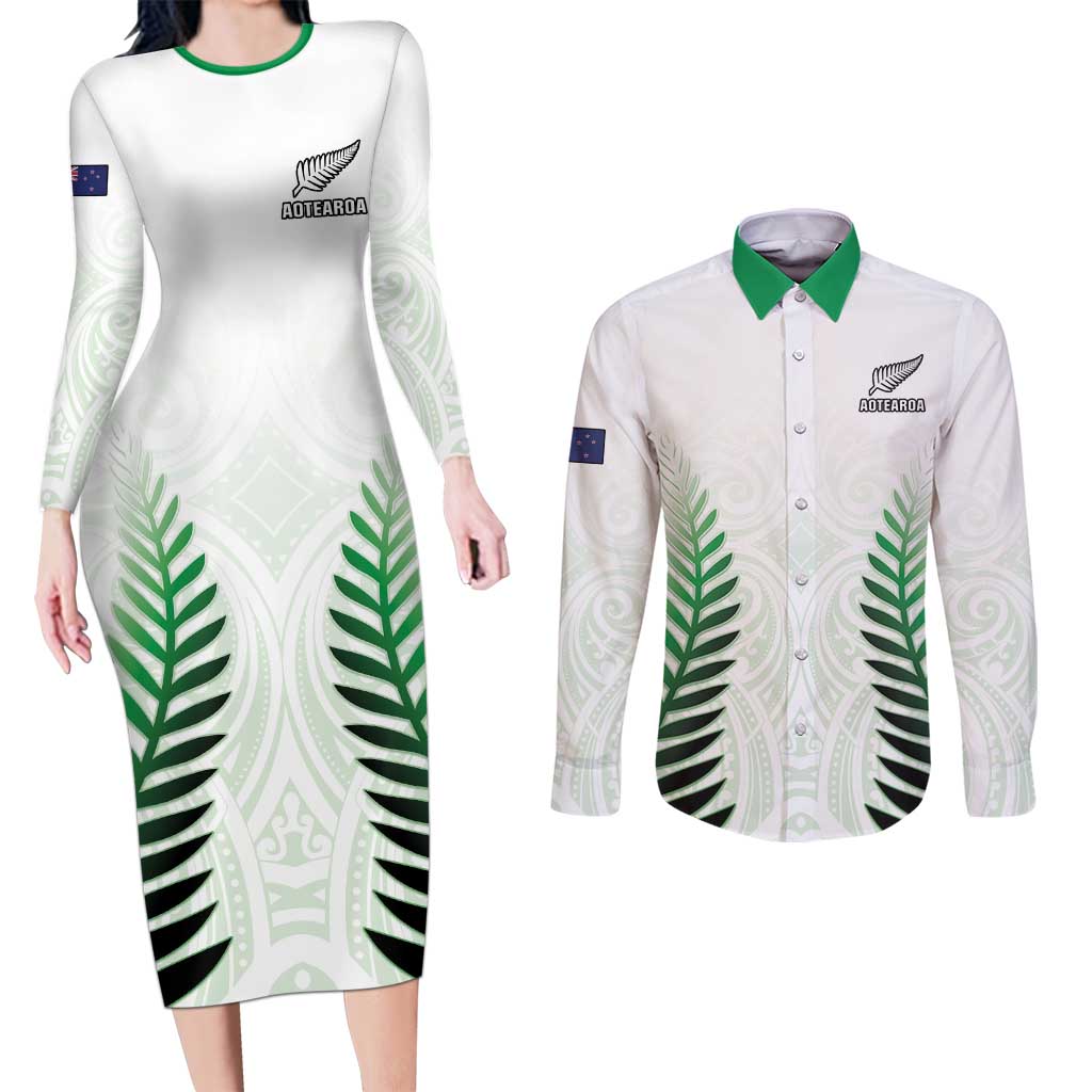 Custom New Zealand Fern Football Couples Matching Long Sleeve Bodycon Dress and Long Sleeve Button Shirt Simple Style LT05 White - Polynesian Pride