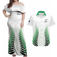 Custom New Zealand Fern Football Couples Matching Off Shoulder Maxi Dress and Hawaiian Shirt Simple Style LT05 White - Polynesian Pride