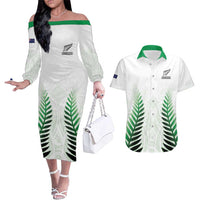 Custom New Zealand Fern Football Couples Matching Off The Shoulder Long Sleeve Dress and Hawaiian Shirt Simple Style LT05 White - Polynesian Pride